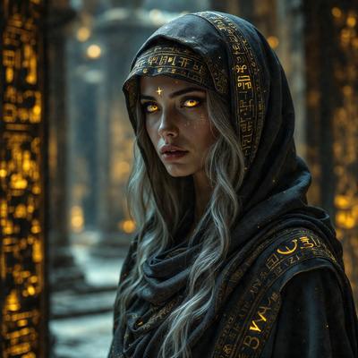 The primary subject of the image is a woman with long, white hair and a hooded robe. She is wearing a hooded robe and has a unique, glowing appearance. The setting is a dark room with a backdrop of a stone wall. The visual style is a combination of a photo and digital art, creating a surreal and mysterious atmosphere. The colors and mood of the image are predominantly dark, with the woman's glowing appearance providing a contrasting element.